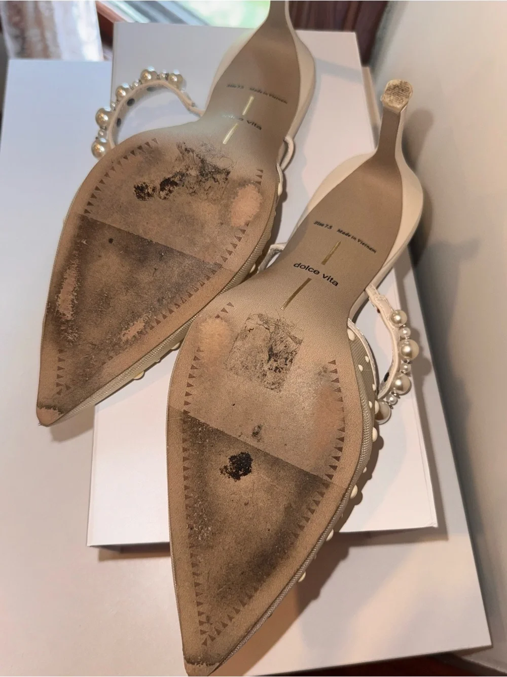 Dolce Vita Cream Pearl-Embellished Pointed Mule Heels